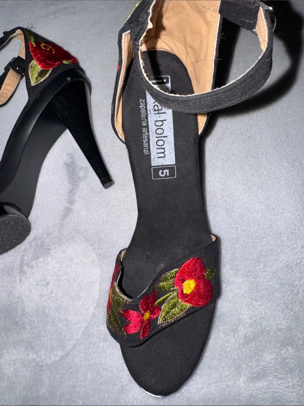 Black Ankle-Strap Heels with Red Floral Embroidery by